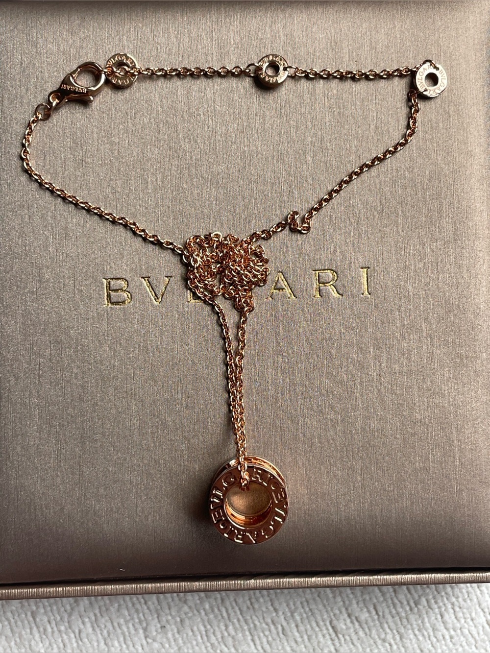 Bvlgari Pink Gold Circular Logo Drop Necklace